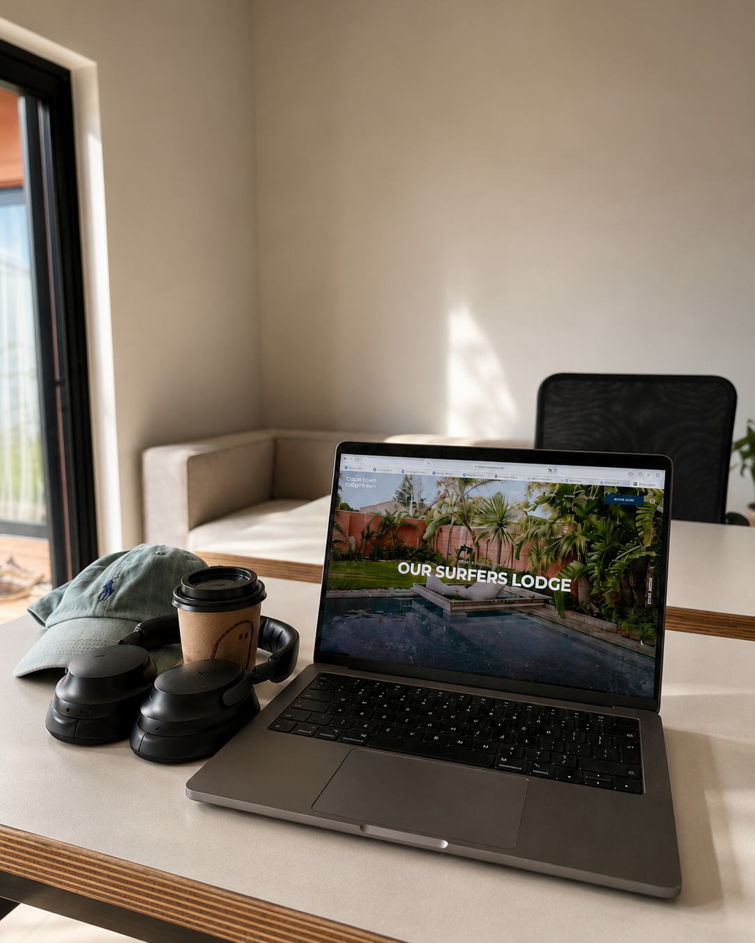 Co-work Space Surfers Lodge with Laptop and Coffee